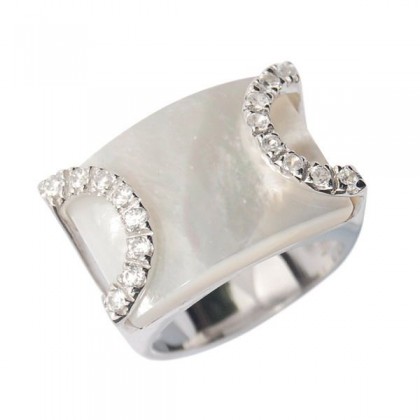 Sterling Silver Dress Ring, White Mother of Pearl with Cubic Zirconia