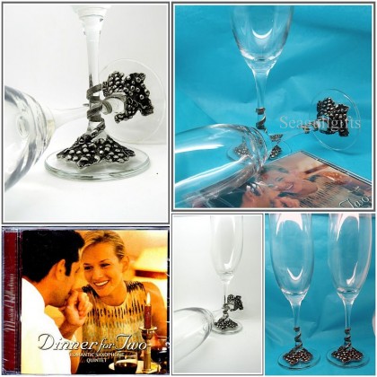 Pair Champagne Flutes with Pewter Grape Motif, Dinner Music CD