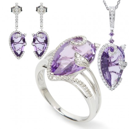 18k Diamond and Amethyst White Gold Ring, Pendant and Earring Set