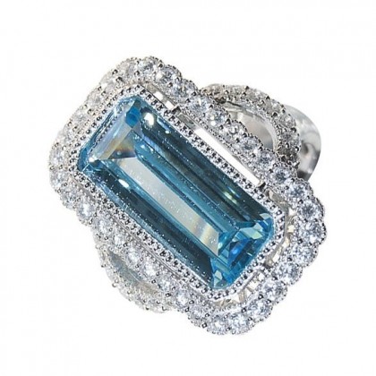 Sterling Silver Ring, Antique Styled, Simulated Blue and White Diamonds