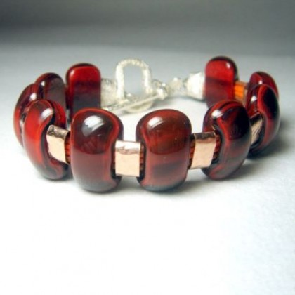 Deep Red Designer Bracelet, Fused Glass Jewelry 
