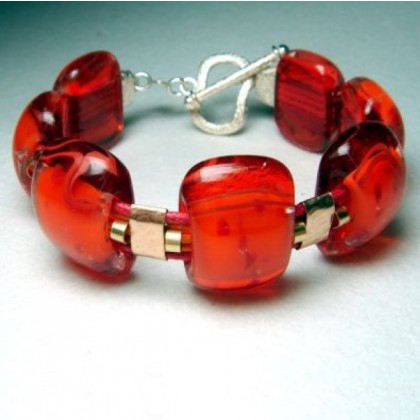 Handcrafted Deep Red Orange Fused Glass Bracelet