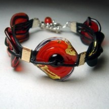 Red Fused Art Glass Bracelet with 24 ct Gold Leaf