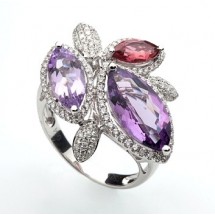 Loading image - 18ct Solid White Gold Cocktail Ring Diamonds,Amethyst Tourmaline 