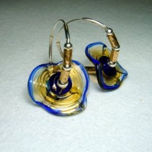 Loading image -  Designer Earrings, Blue Floral Art Glass with Sterling Silver