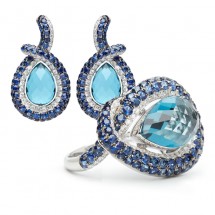 18ct Solid White Gold Cocktail Ring and Earring Set,Natural London Blue Topaz, Sapphire and Diamonds